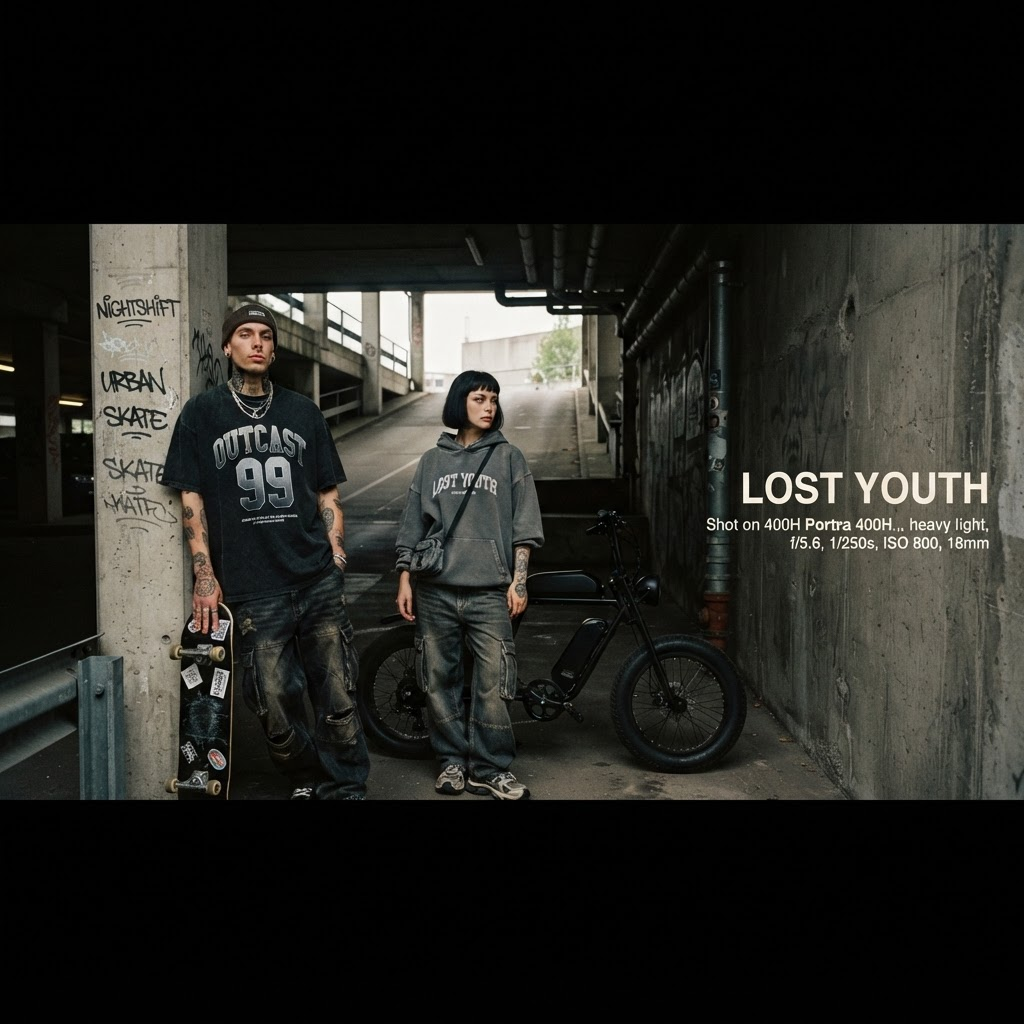 HOLO editorial — group of models in washed heavyweight streetwear
